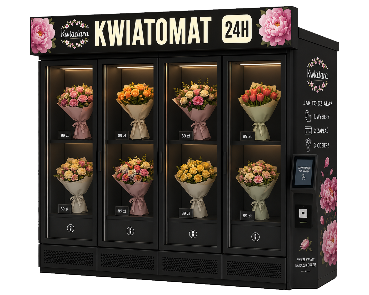 Kwiatomat, automat z bukietami w witrynie Kwiaciary, dostępny całą dobę